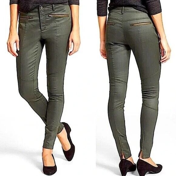 Eileen Fisher The Fisher Project Moto Jean Sz 10 Olive Green Stretch Skinny Zip - Picture 1 of 8